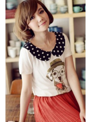 Q0261*Polka Dot Peter Pan Collar Printed Top (White)