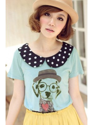 Q0261*Polka Dot Peter Pan Collar Printed Top (Blue)